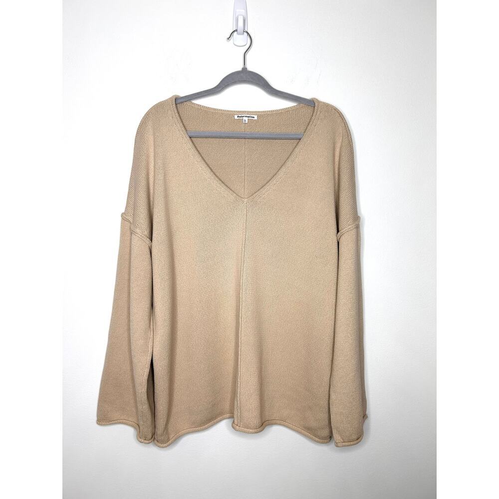 Reformation V Neck Sweater XL Beige Bell Sleeve Rolled Hem Neutral Cotton